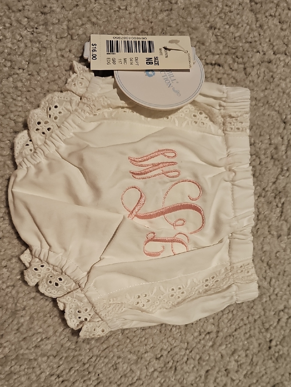 Embroidered White Baby Bloomer with Pink Monogram